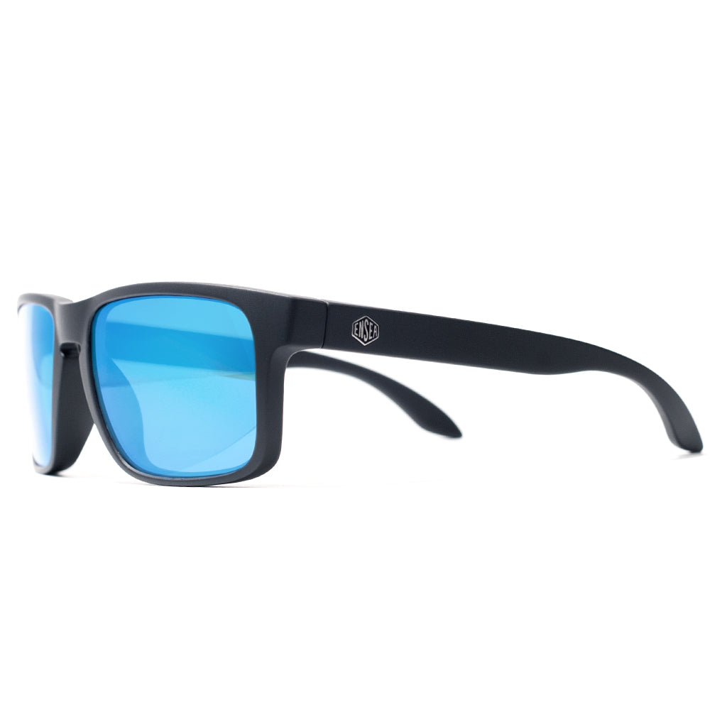 Ensea Sunglasses: Machine Matte Black with Blue Mirror Polarized